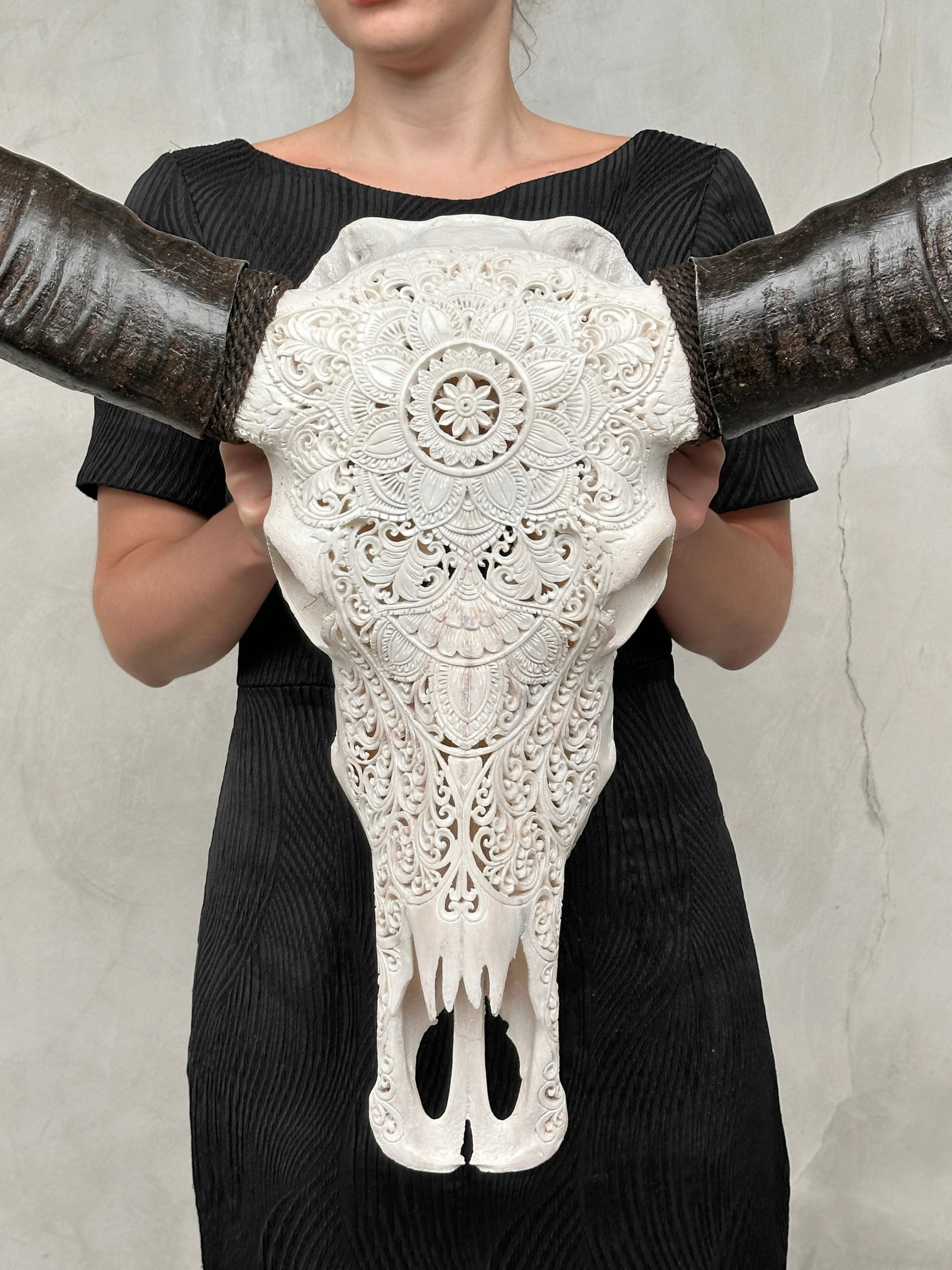 White carved water buffalo skull - Double flower mandala motif - 10