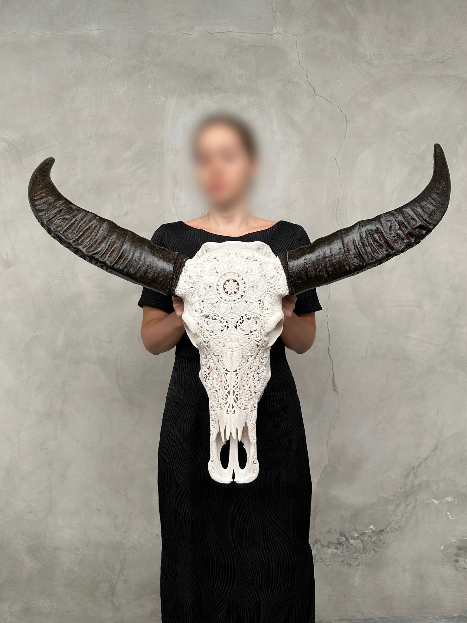 White carved water buffalo skull - Double flower mandala motif (1 of 10)