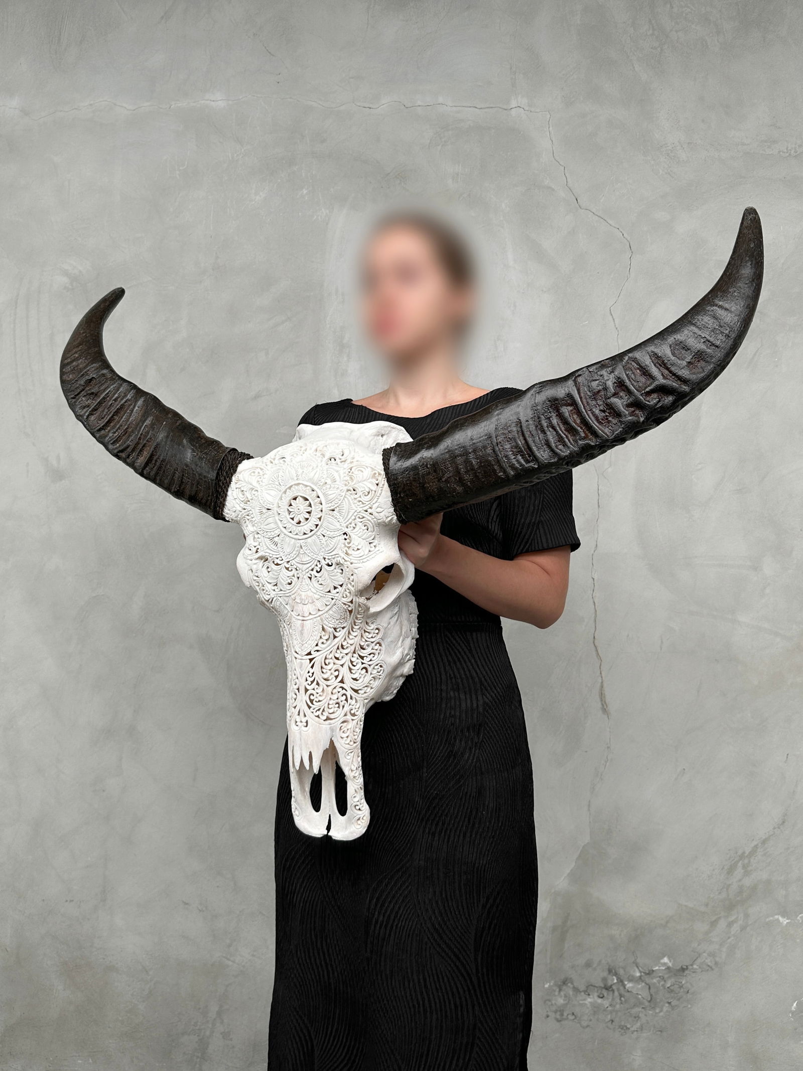White carved water buffalo skull - Double flower mandala motif - 2