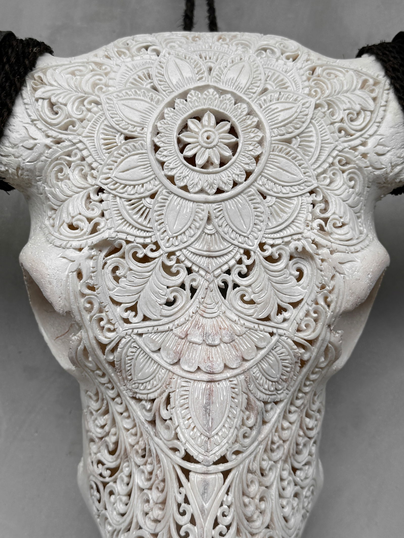 White carved water buffalo skull - Double flower mandala motif - 3