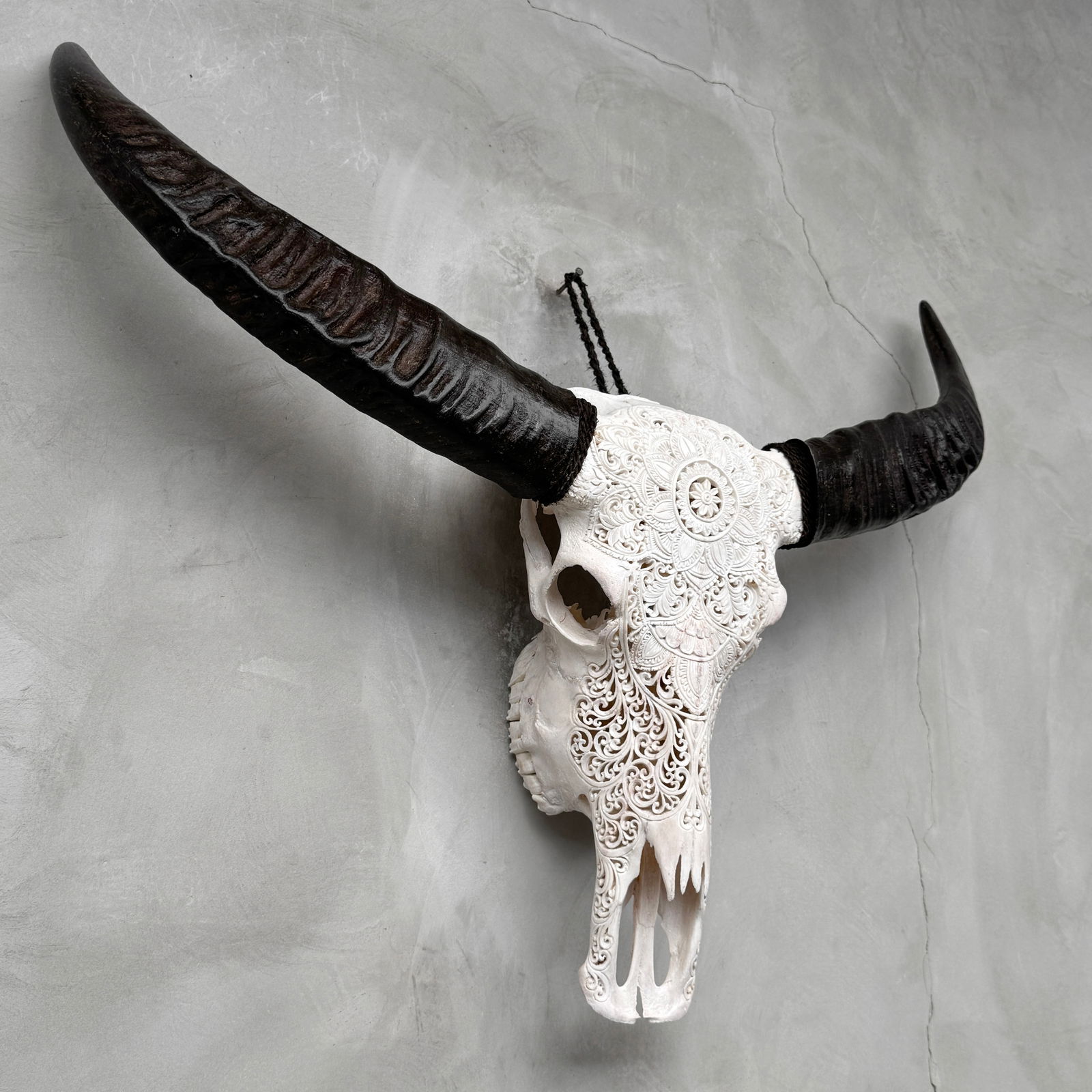 White carved water buffalo skull - Double flower mandala motif - 5