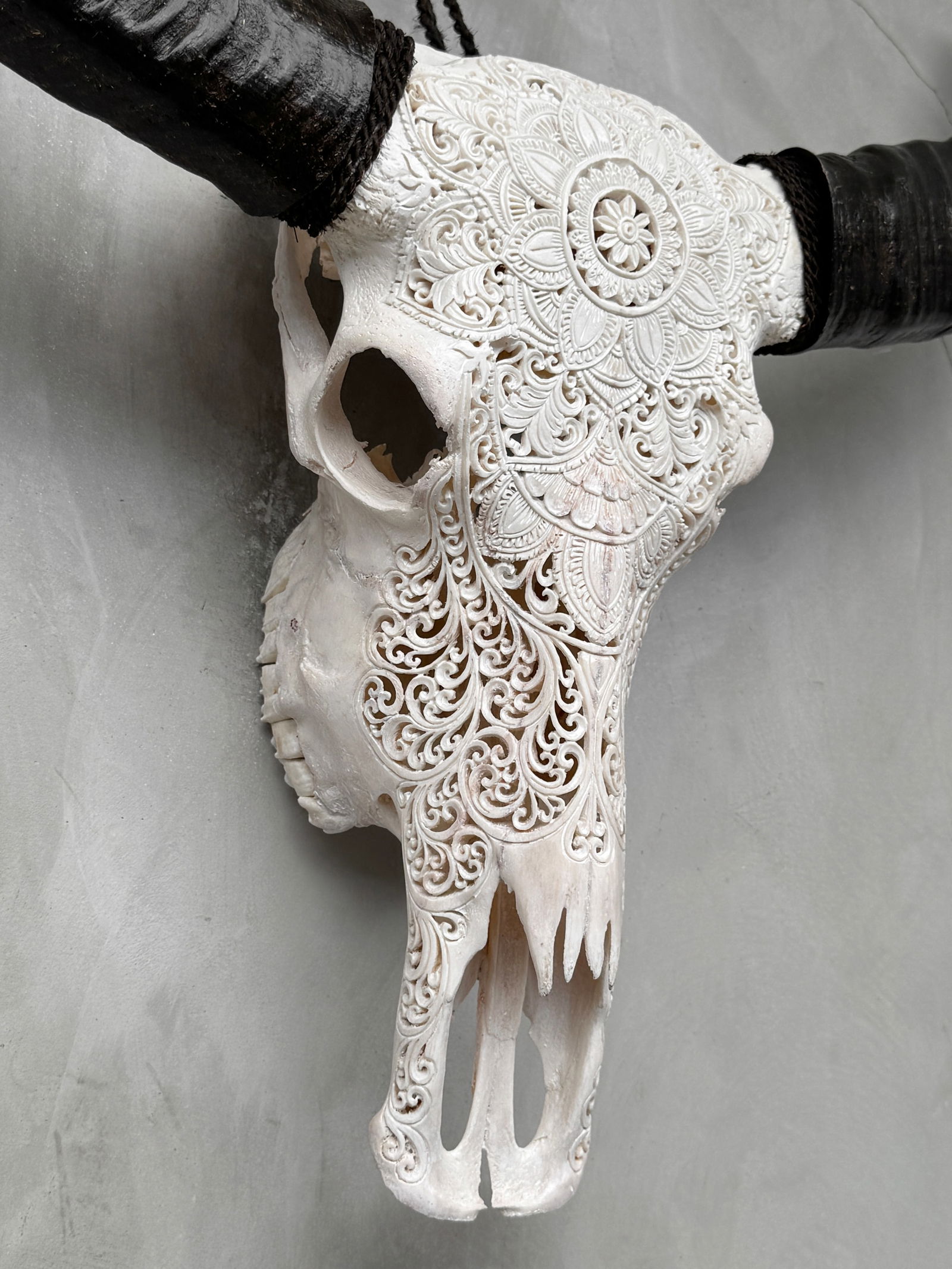 White carved water buffalo skull - Double flower mandala motif - 6