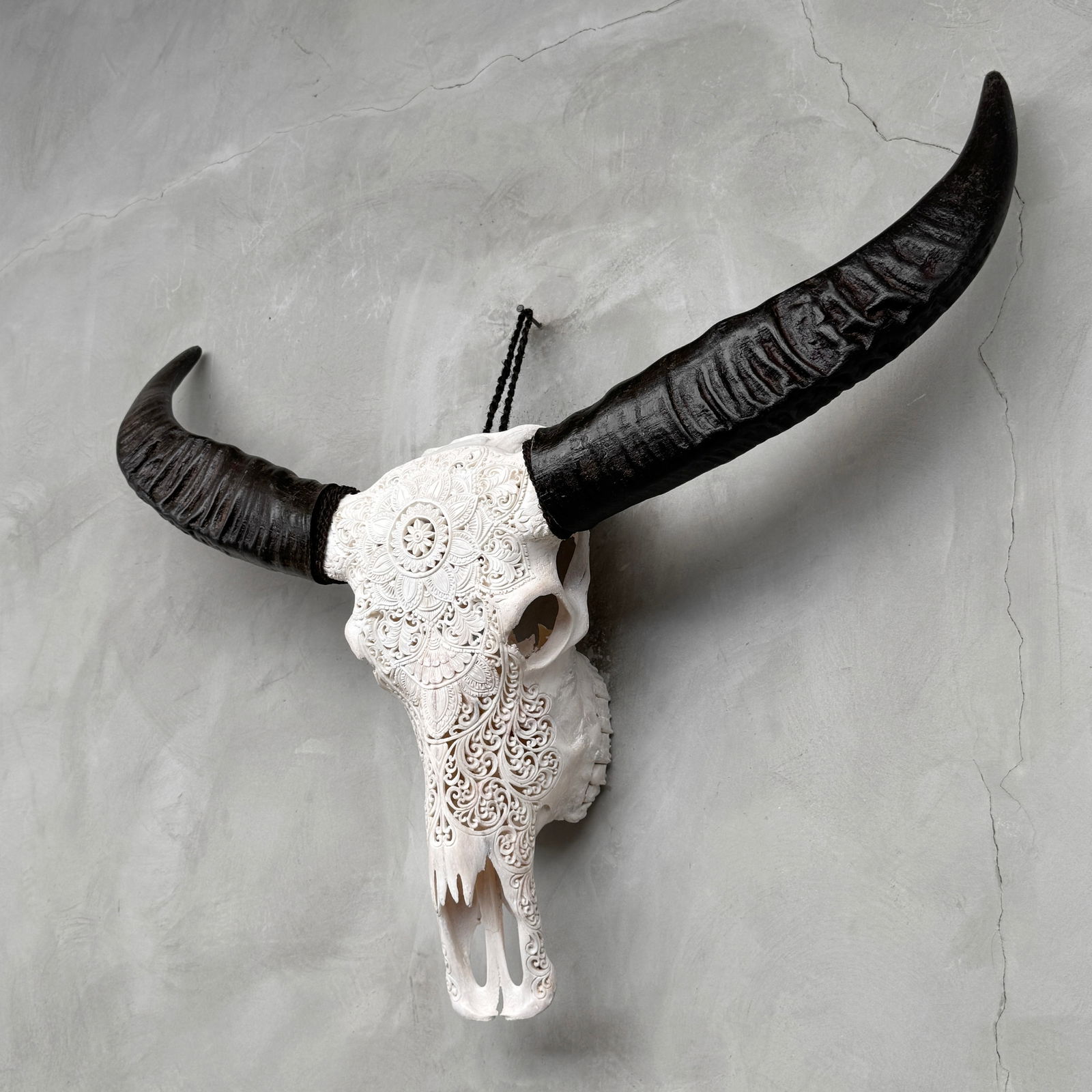White carved water buffalo skull - Double flower mandala motif - 7