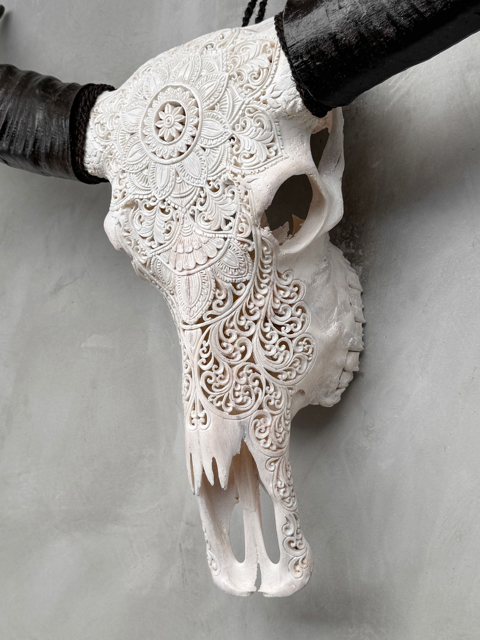White carved water buffalo skull - Double flower mandala motif - 8