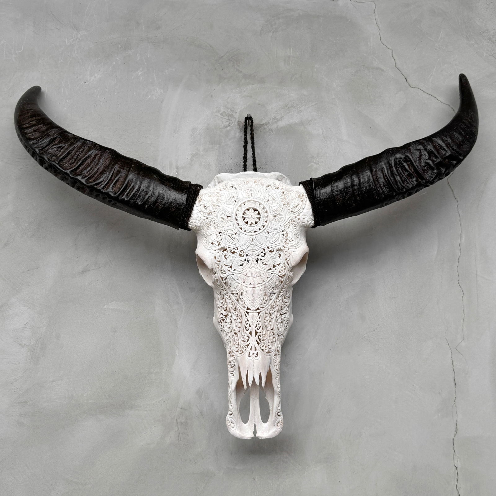 White carved water buffalo skull - Double flower mandala motif - 9