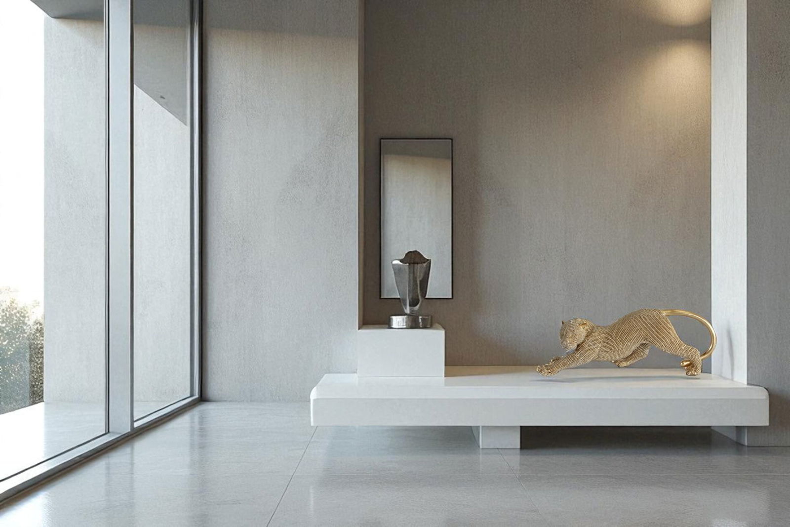 Elegant Gold Resin Panther Statue - Stretching Pose - Textured Modern Decor Accent - 15" x 4" x 6"H - 10