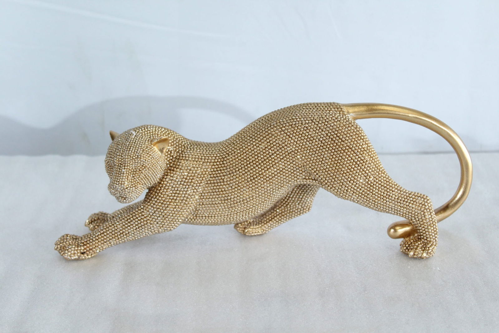 Elegant Gold Resin Panther Statue - Stretching Pose - Textured Modern Decor Accent - 15" x 4" x 6"H - 11