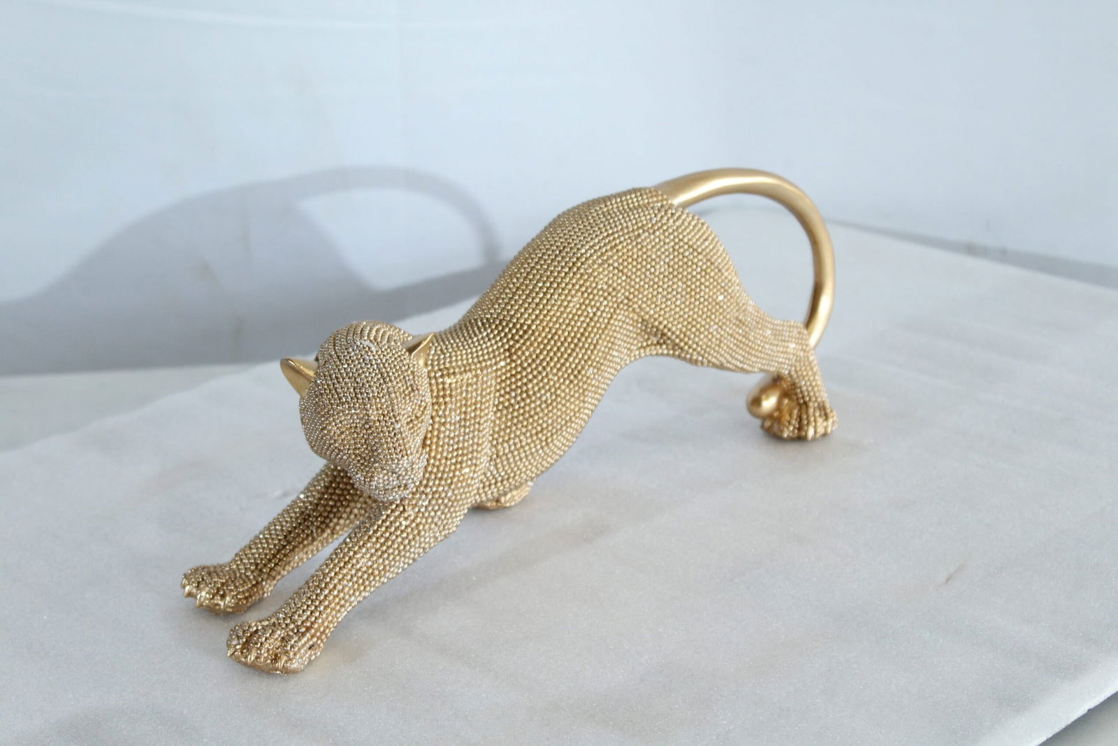 Elegant Gold Resin Panther Statue - Stretching Pose - Textured Modern Decor Accent - 15" x 4" x 6"H - 12