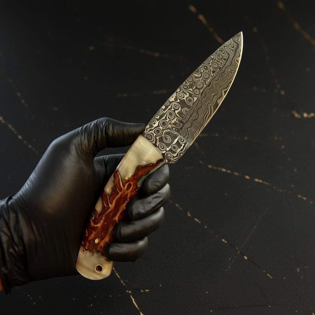 Handmade Damascus Skinner Knife, Rain Pattern Fixed Blade with Pinecone Handle - 3