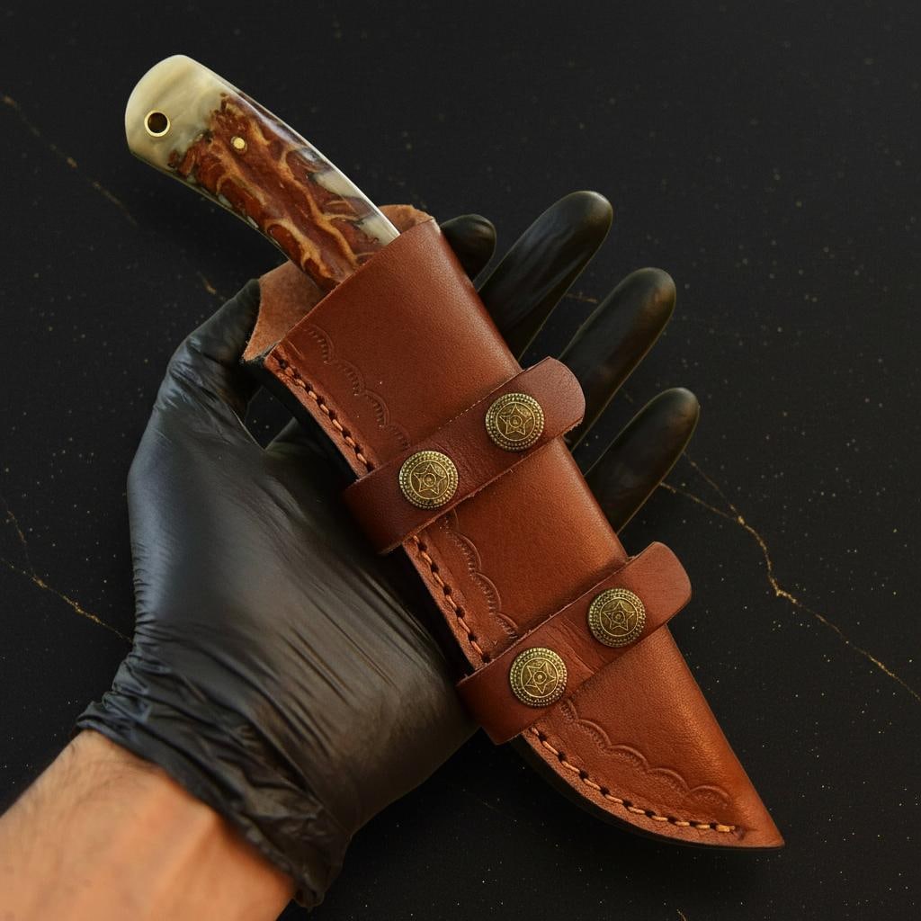 Handmade Damascus Skinner Knife, Rain Pattern Fixed Blade with Pinecone Handle - 5