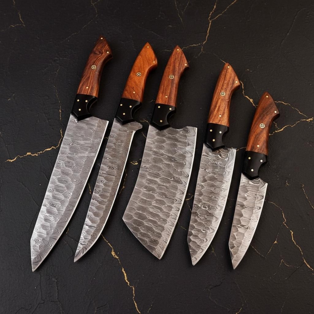 Hand Forged 5pc Damascus Steel Kitchen Knife Set with Custom Leather Sheath - 2
