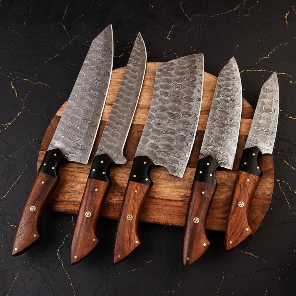Hand Forged 5pc Damascus Steel Kitchen Knife Set with Custom Leather Sheath - 4