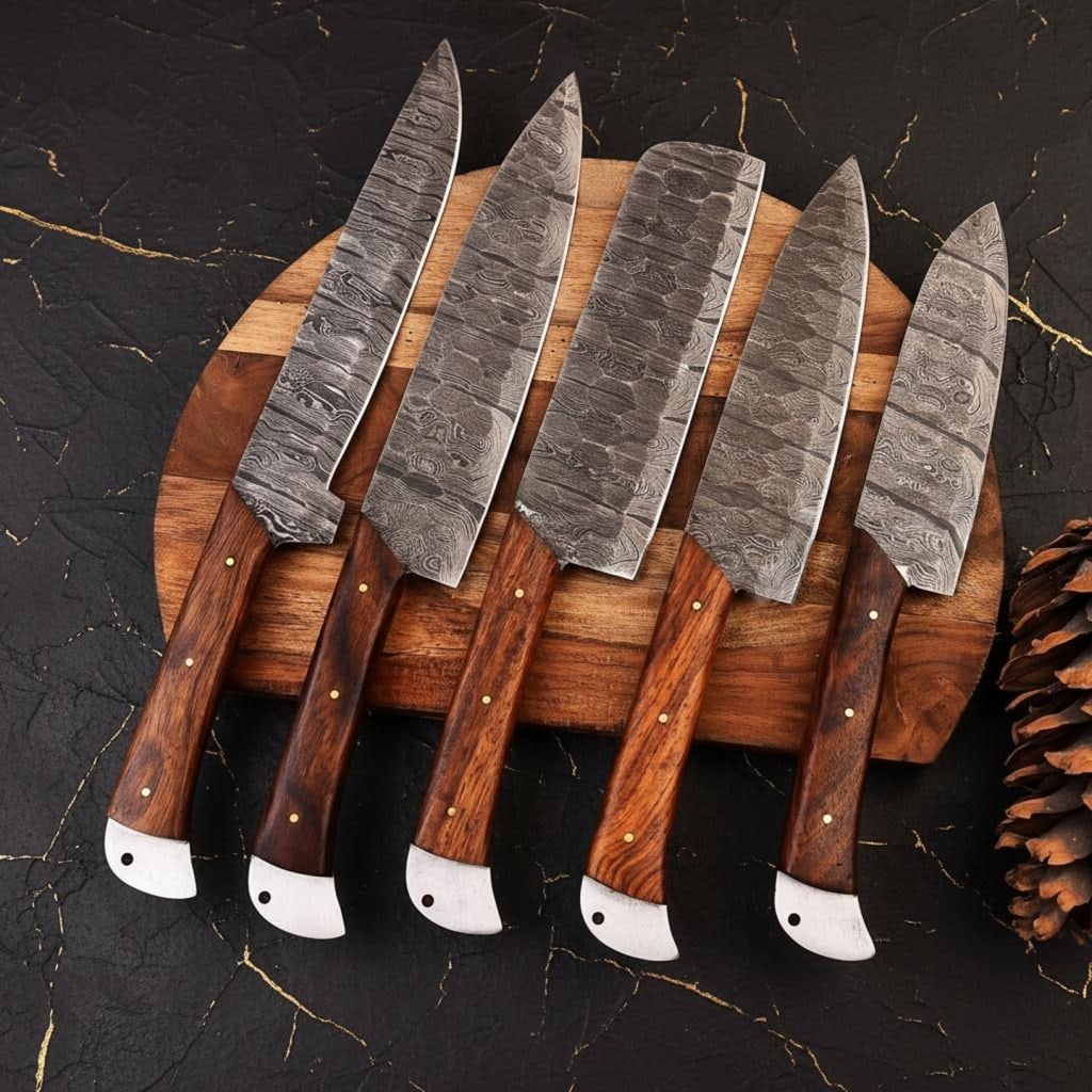 Hand Forged 5-Piece Damascus Steel Kitchen Knife Set with Twist Pattern Blades - 4
