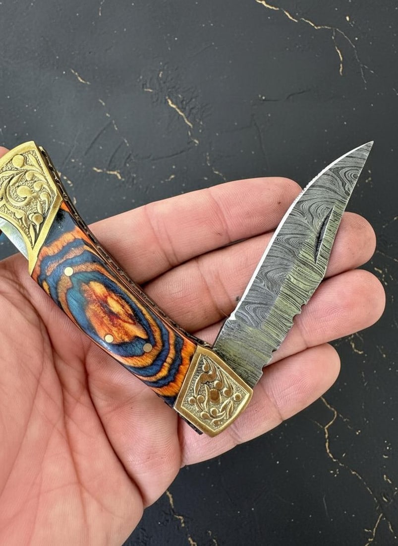 Handmade Damascus Steel Folding Knife with Brown Wood Handle Custom EDC Skinner: Title:Handmade Damascus Steel Folding Knife with Brown Wood Handle Custom EDC SkinnerDescription:This listing is for a custom handmade folding pocket knife, expertly crafted for everyday carry and