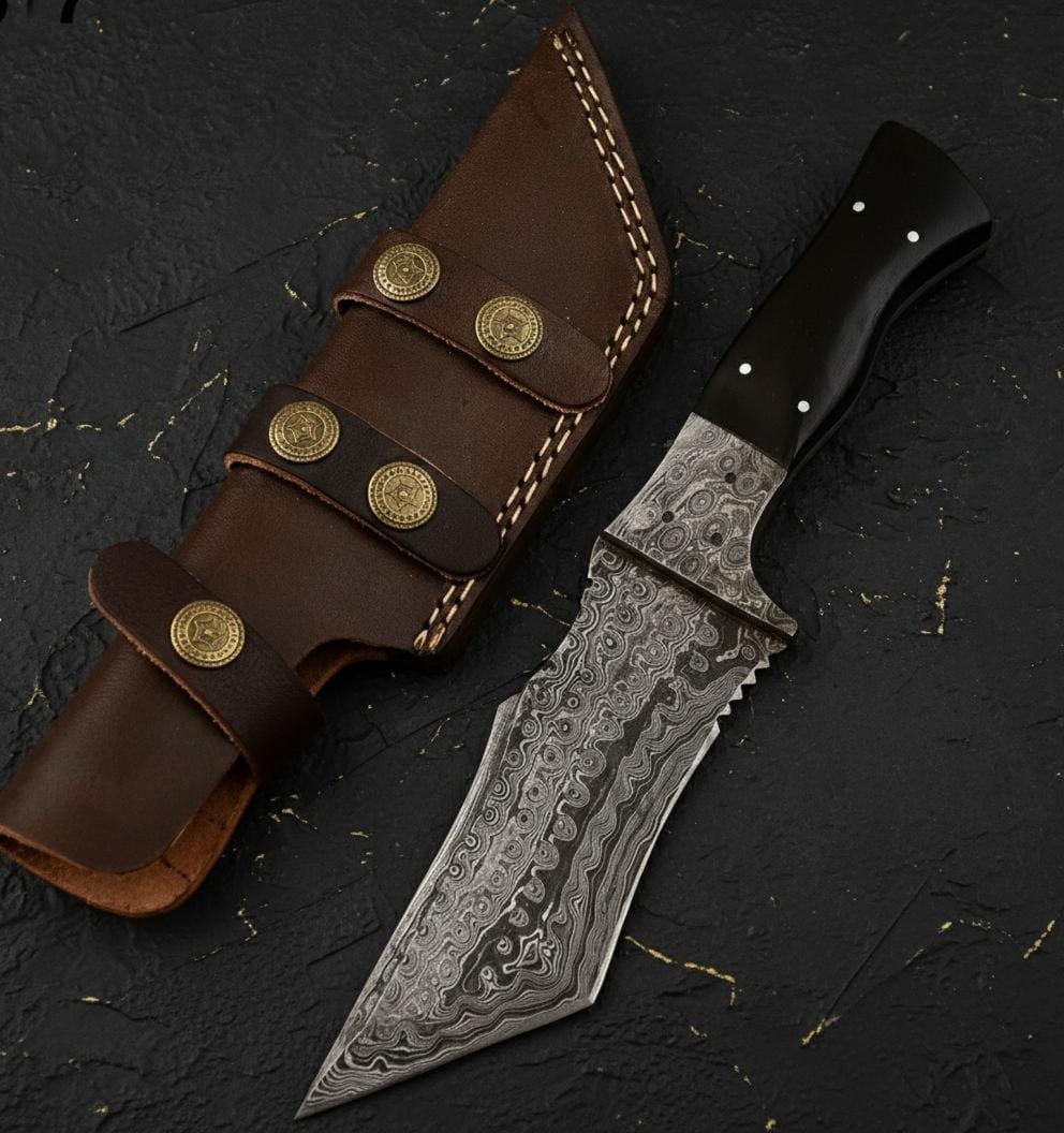 Rain Pattern Damascus Steel Tracker Knife 10 Inch Hand Forged Tanto Fixed Blade (1 of 3)