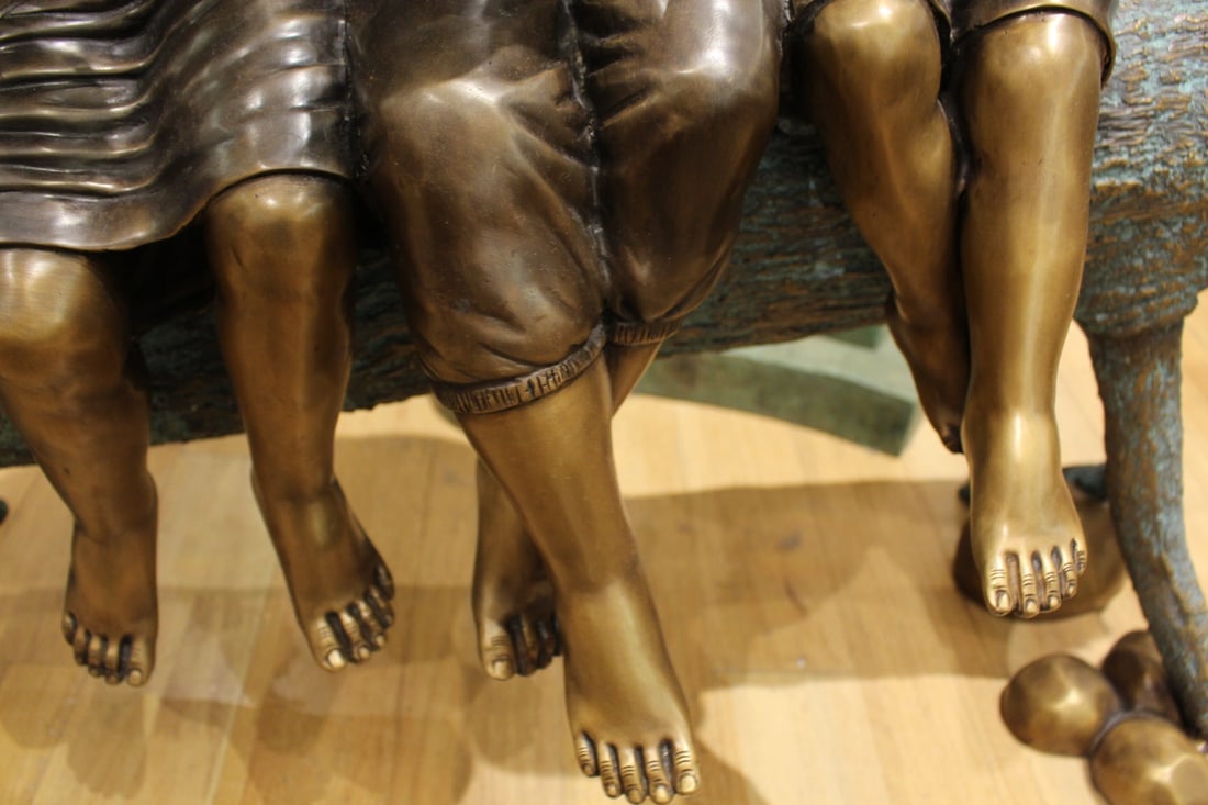 Three Children On Log Holding Bird Bronze Statue - Size: 55"L x 18"W x 38"H. - 12