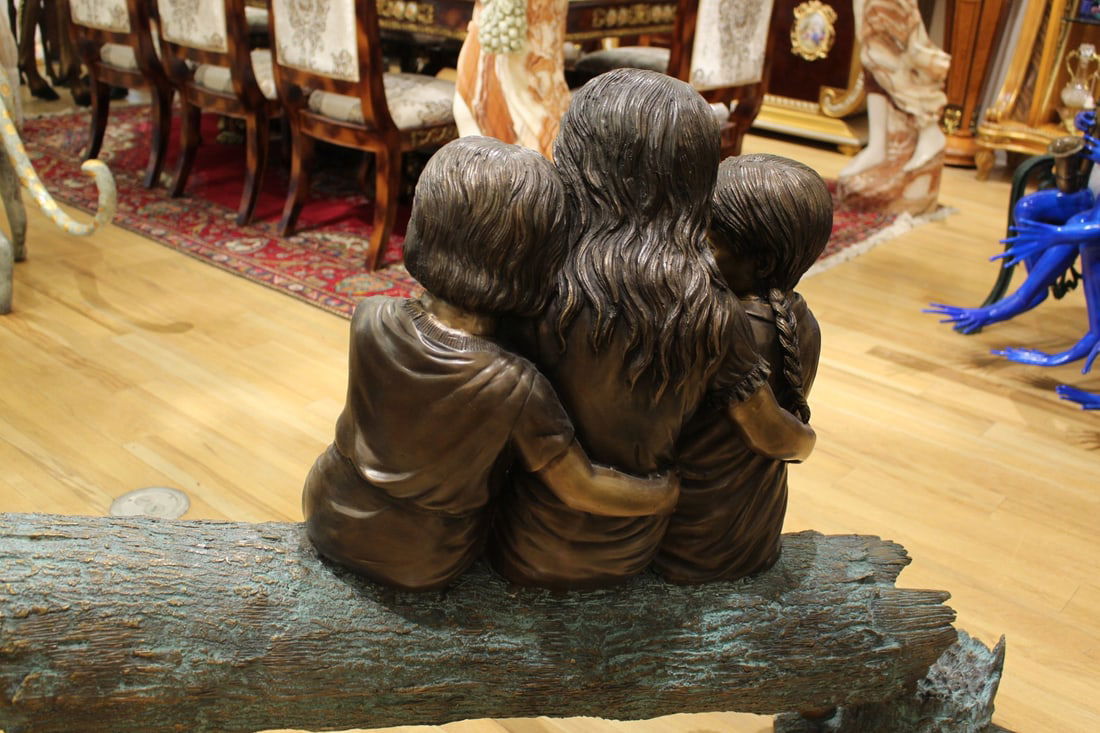 Three Children On Log Holding Bird Bronze Statue - Size: 55"L x 18"W x 38"H. - 14