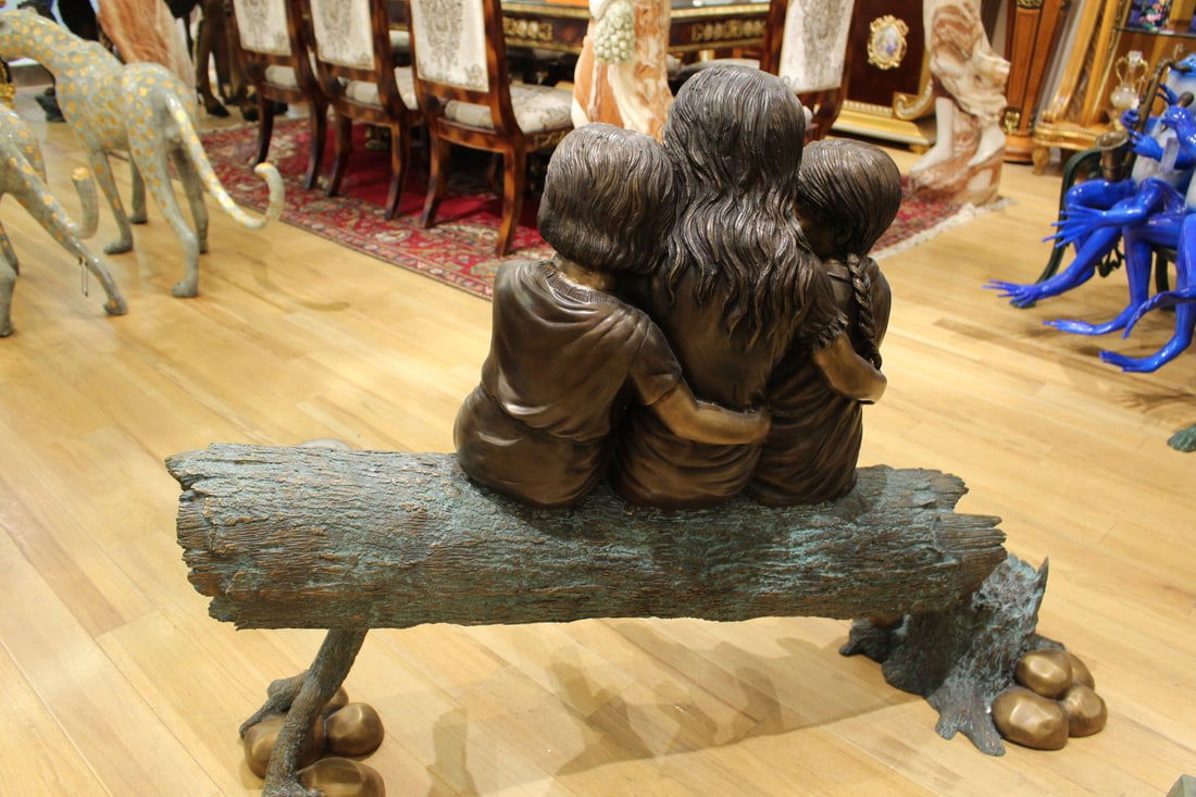 Three Children On Log Holding Bird Bronze Statue - Size: 55"L x 18"W x 38"H. - 15