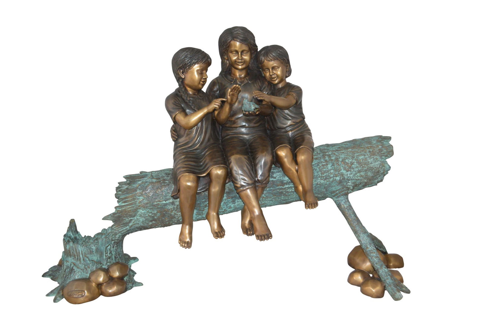 Three Children On Log Holding Bird Bronze Statue - Size: 55"L x 18"W x 38"H. (1 of 15)