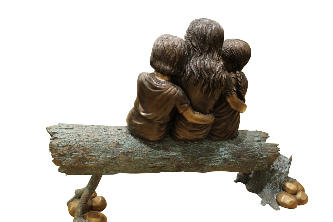 Three Children On Log Holding Bird Bronze Statue - Size: 55"L x 18"W x 38"H. - 5
