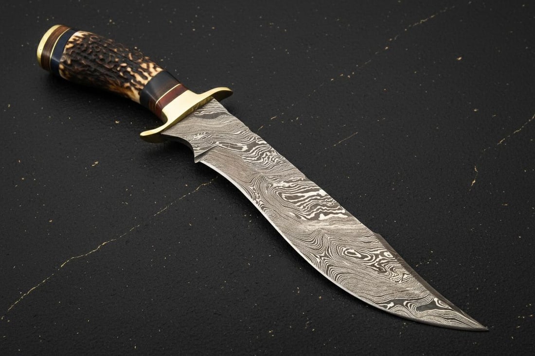 Forged Damascus Steel Hunting Bowie Knife 10" Custom Made with Deer Antler Handle - 2