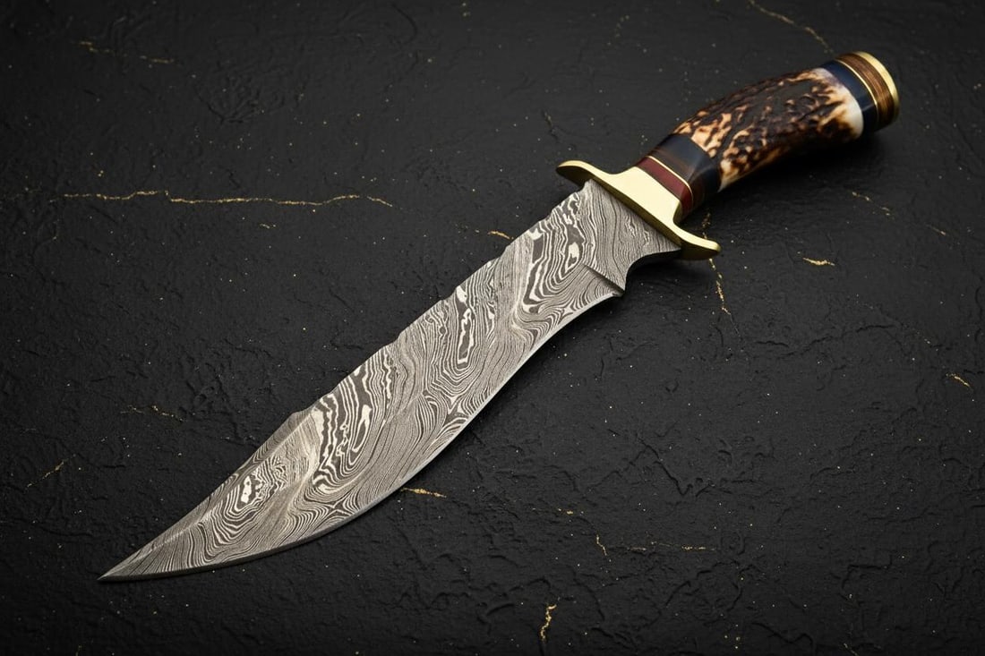 Forged Damascus Steel Hunting Bowie Knife 10" Custom Made with Deer Antler Handle - 3