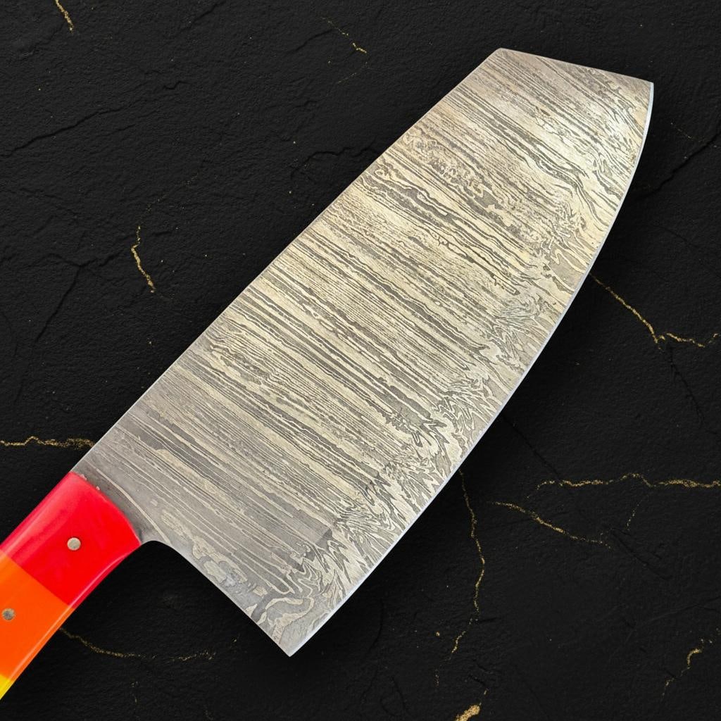 Handmade Damascus Steel Kitchen Cleaver Knife with a Vibrant Rainbow Resin Handle - 4
