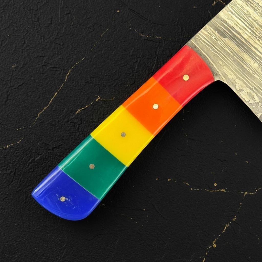 Handmade Damascus Steel Kitchen Cleaver Knife with a Vibrant Rainbow Resin Handle - 5