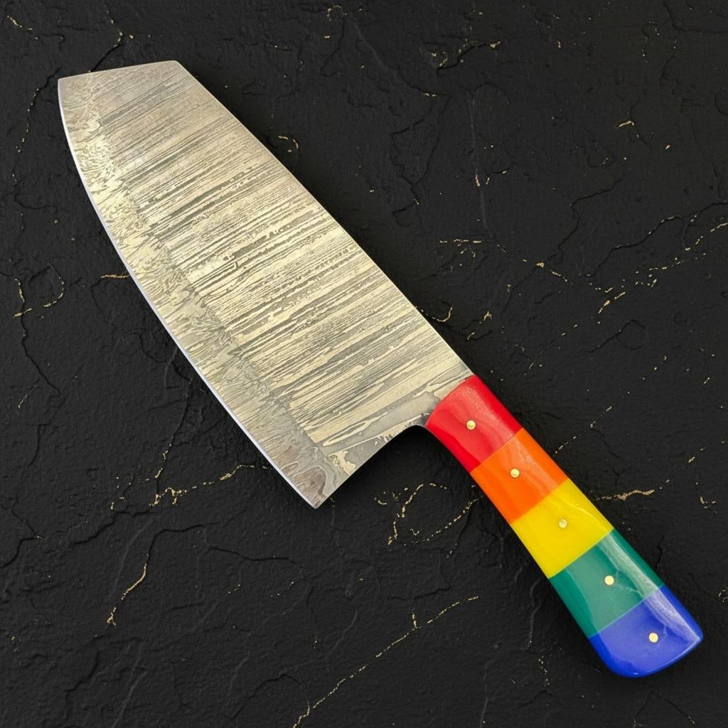 Handmade Damascus Steel Kitchen Cleaver Knife with a Vibrant Rainbow Resin Handle - 6