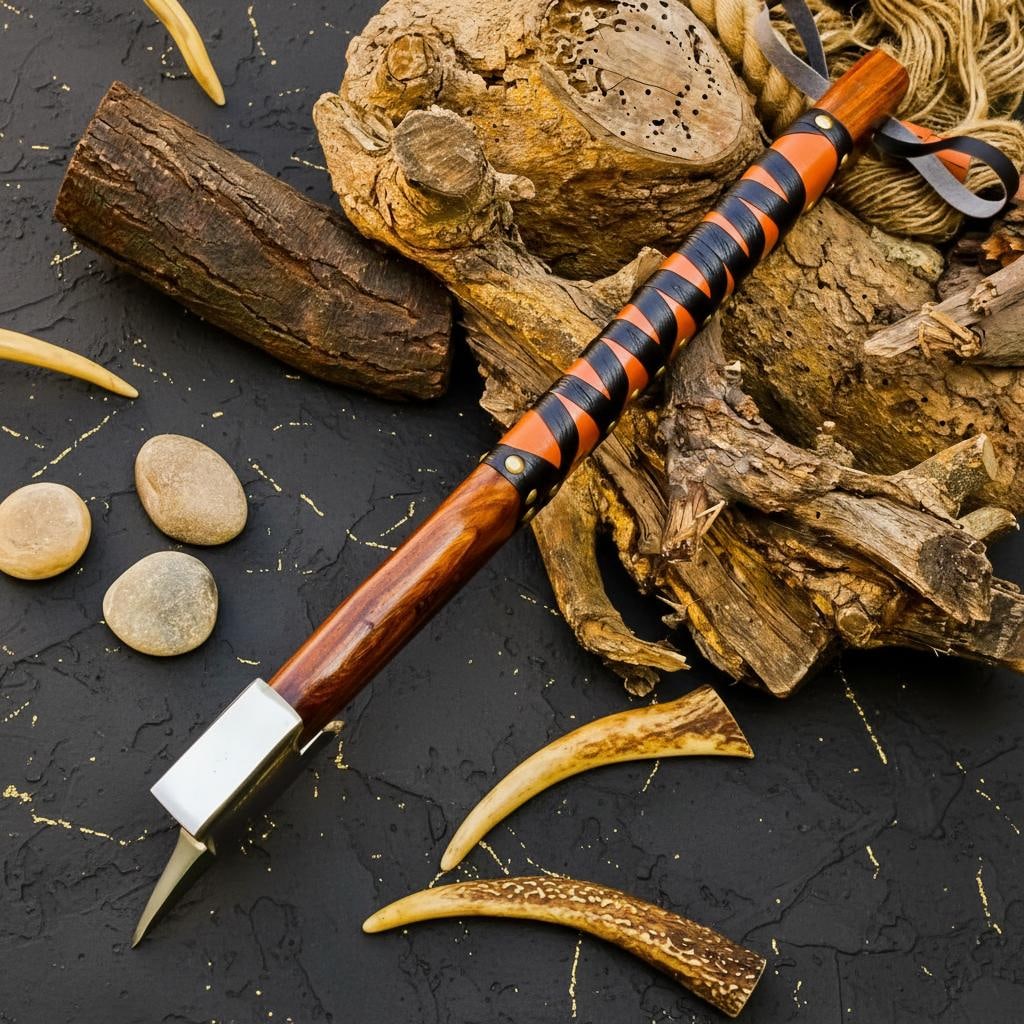 Engraved Ash Wood Viking Axe, Forged Carbon Steel Bearded Tomahawk & Sheath - 10