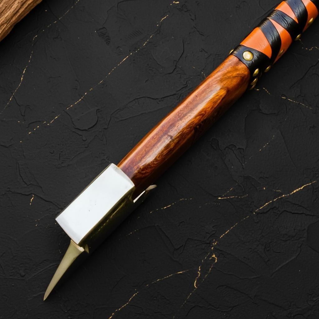 Engraved Ash Wood Viking Axe, Forged Carbon Steel Bearded Tomahawk & Sheath - 11