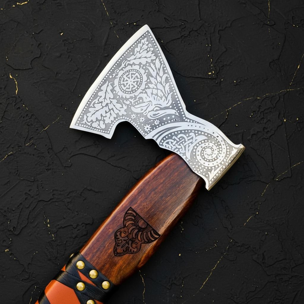 Engraved Ash Wood Viking Axe, Forged Carbon Steel Bearded Tomahawk & Sheath - 15