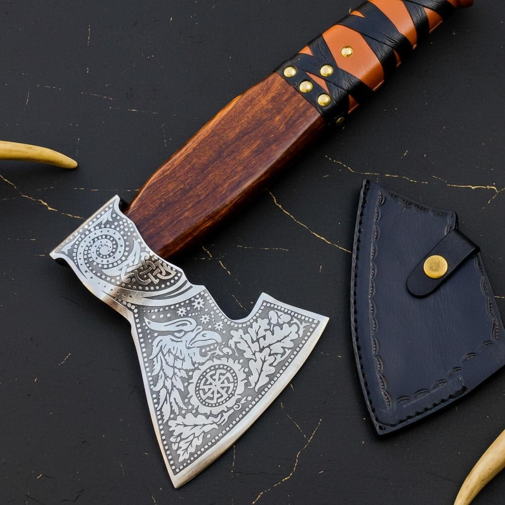 Engraved Ash Wood Viking Axe, Forged Carbon Steel Bearded Tomahawk & Sheath - 2