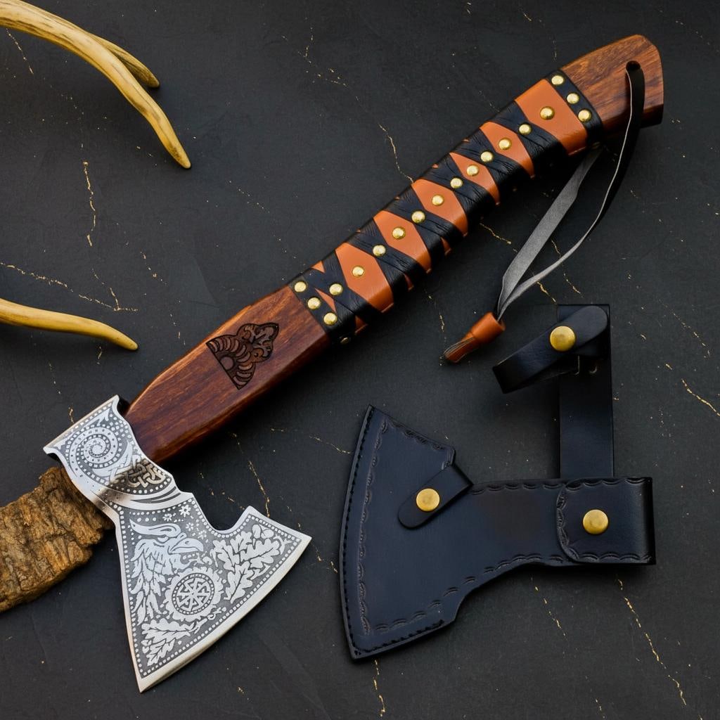Engraved Ash Wood Viking Axe, Forged Carbon Steel Bearded Tomahawk & Sheath - 3