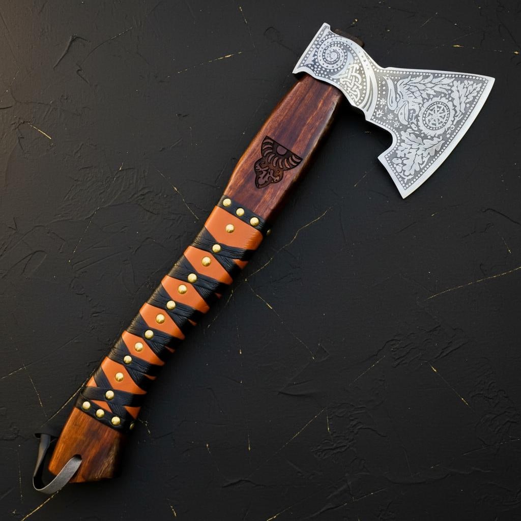 Engraved Ash Wood Viking Axe, Forged Carbon Steel Bearded Tomahawk & Sheath - 5