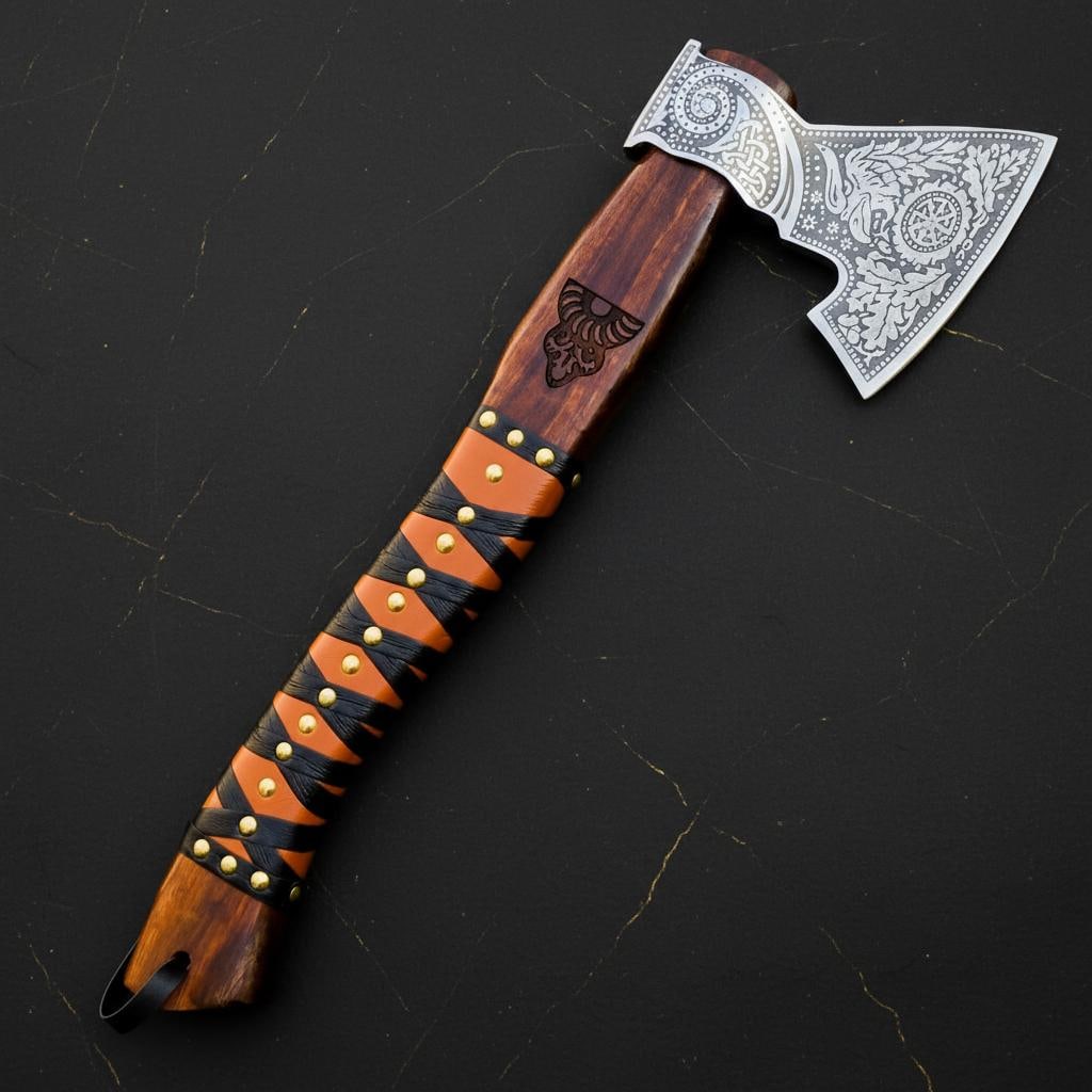 Engraved Ash Wood Viking Axe, Forged Carbon Steel Bearded Tomahawk & Sheath - 7