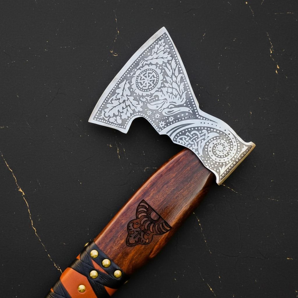 Engraved Ash Wood Viking Axe, Forged Carbon Steel Bearded Tomahawk & Sheath - 8