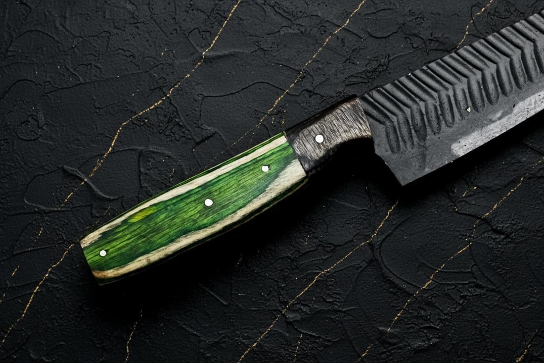 Custom Forged D2 Steel Chef Knife with Engraved Powder Coated Blade, Full Tang - 7