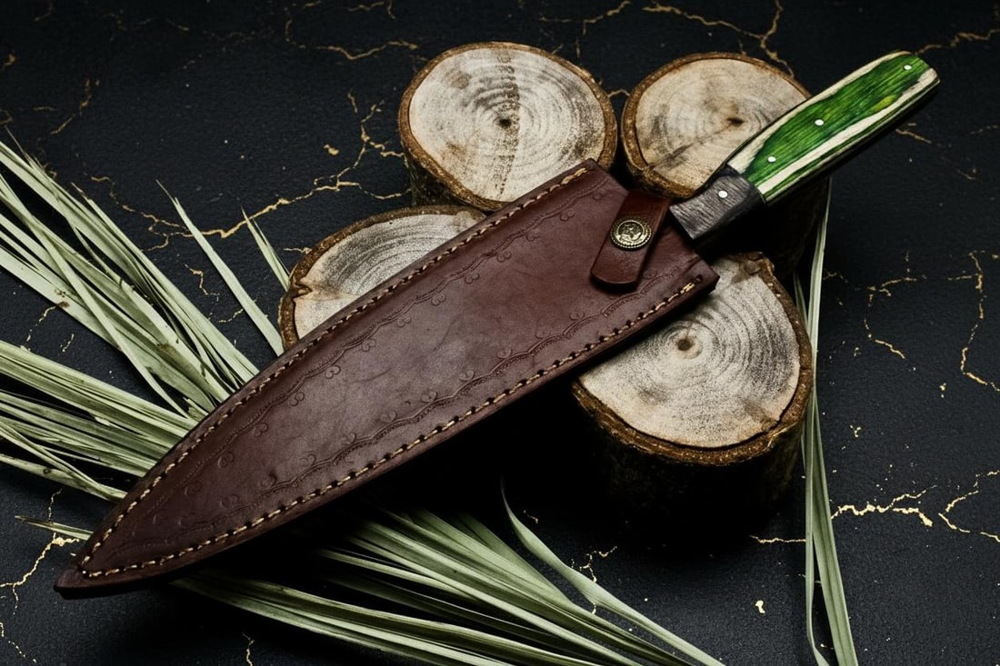 Custom Forged D2 Steel Chef Knife with Engraved Powder Coated Blade, Full Tang - 8