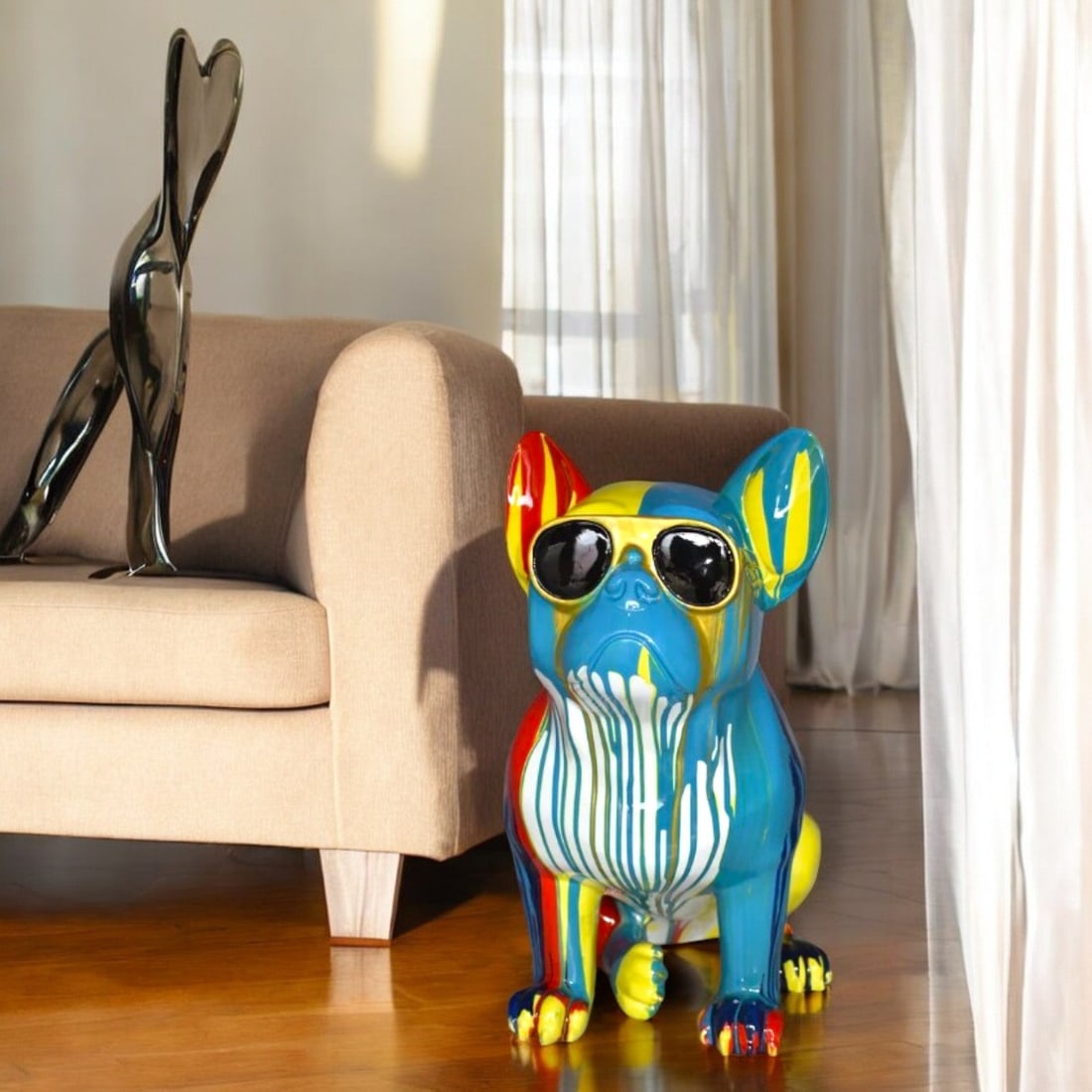 Graffiti-Inspired French Bulldog Resin Statue with Glasses – Modern Home Decor, 19"L x 12"W x 19"H - 2