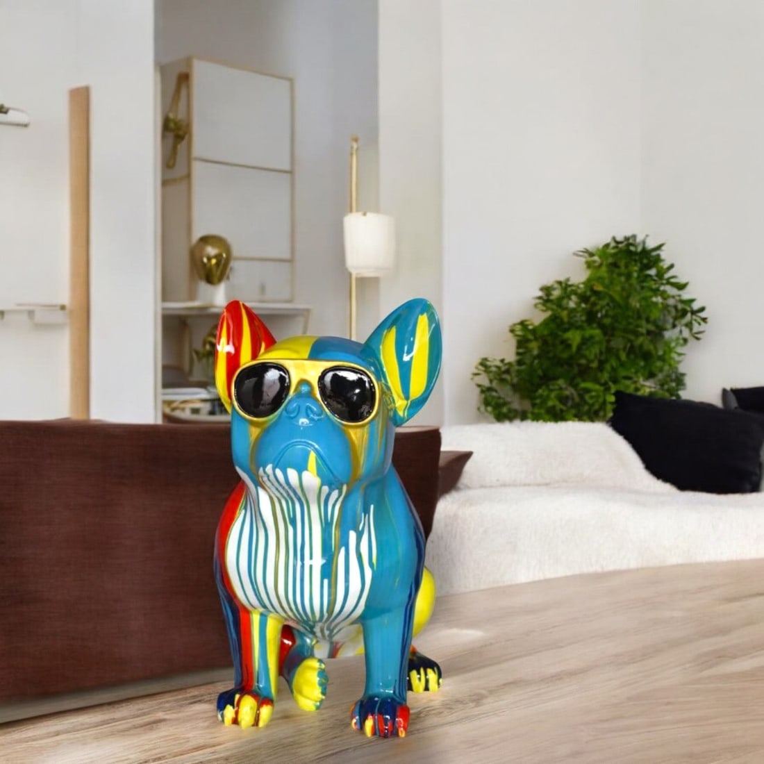 Graffiti-Inspired French Bulldog Resin Statue with Glasses – Modern Home Decor, 19"L x 12"W x 19"H - 3