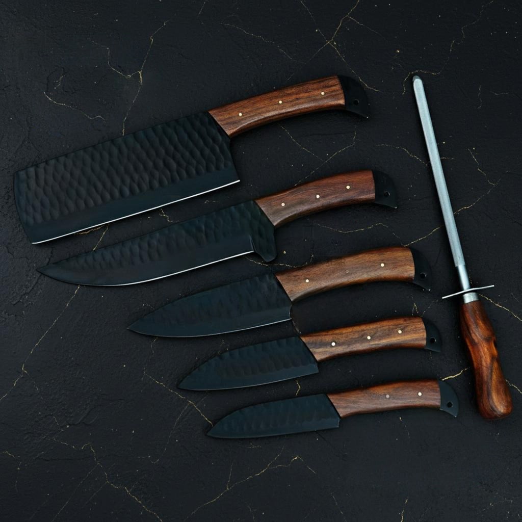Hand Forged 5pc Chef Knife Set Black Coated Carbon Steel with Wood Mosaic Handles: Title:Hand Forged 5pc Chef Knife Set Black Coated Carbon Steel with Wood Mosaic Handles Description:This listing is for a custom hand forged five piece kitchen knife set. Each knife features a durable