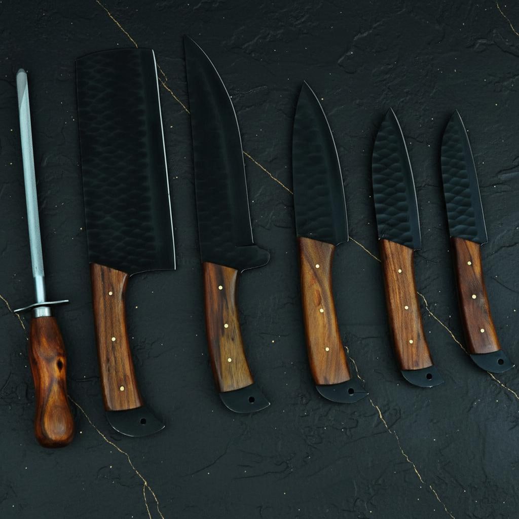 Hand Forged 5pc Chef Knife Set Black Coated Carbon Steel with Wood Mosaic Handles - 2