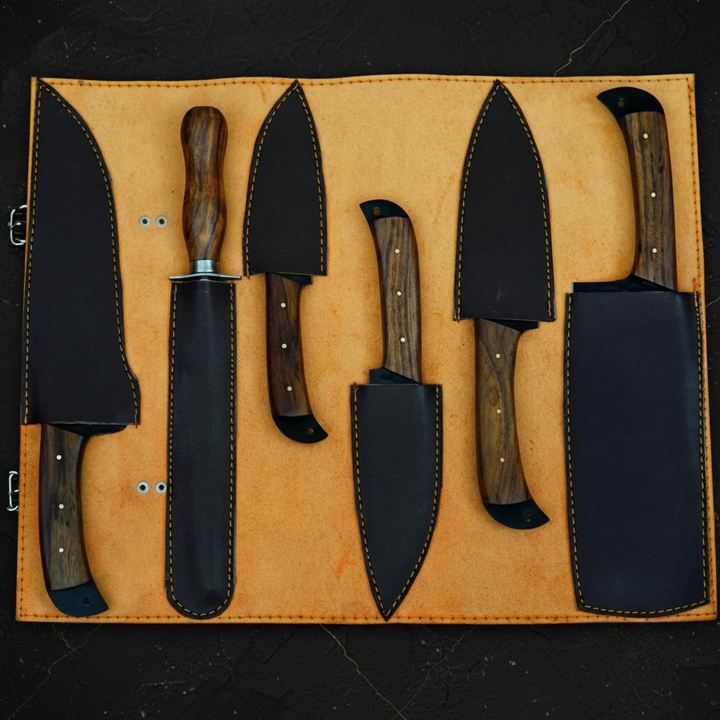 Hand Forged 5pc Chef Knife Set Black Coated Carbon Steel with Wood Mosaic Handles - 5
