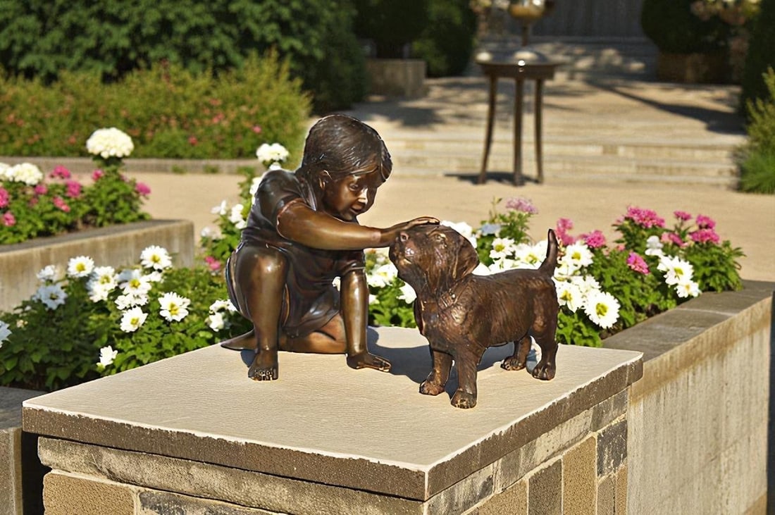 Boy and Dog Bronze Statue - Size: 30"L x 18"W x 18"H. - 2