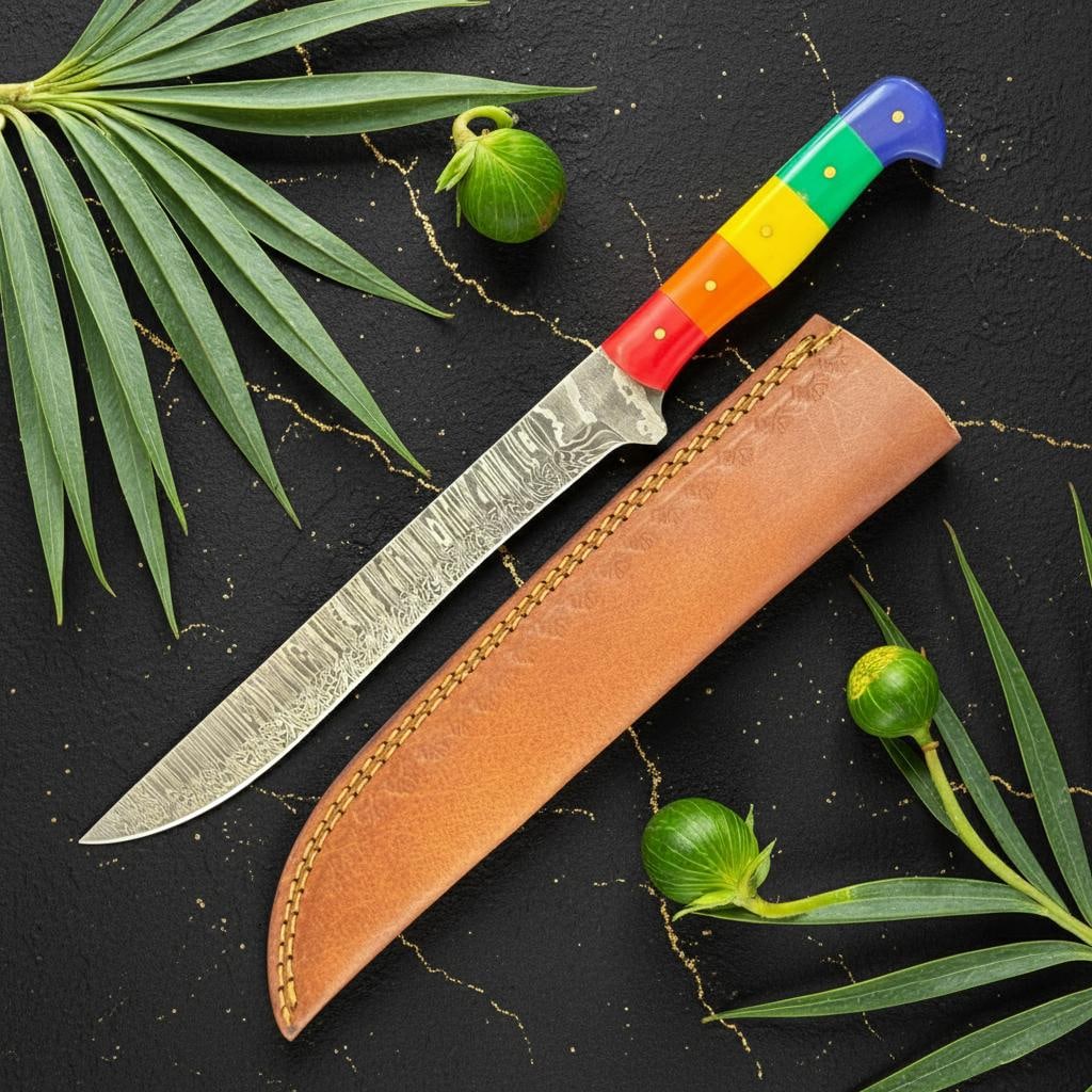 Handcrafted 12" Damascus Steel Fillet Knife with Full Tang Rainbow Handle: Title:Handcrafted 12" Damascus Steel Fillet Knife with Full Tang Rainbow HandleDescription:Discover this beautifully handcrafted fillet knife, an excellent tool for any kitchen. The blade is forged
