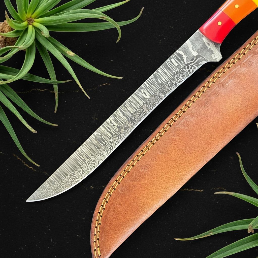 Handcrafted 12" Damascus Steel Fillet Knife with Full Tang Rainbow Handle - 2