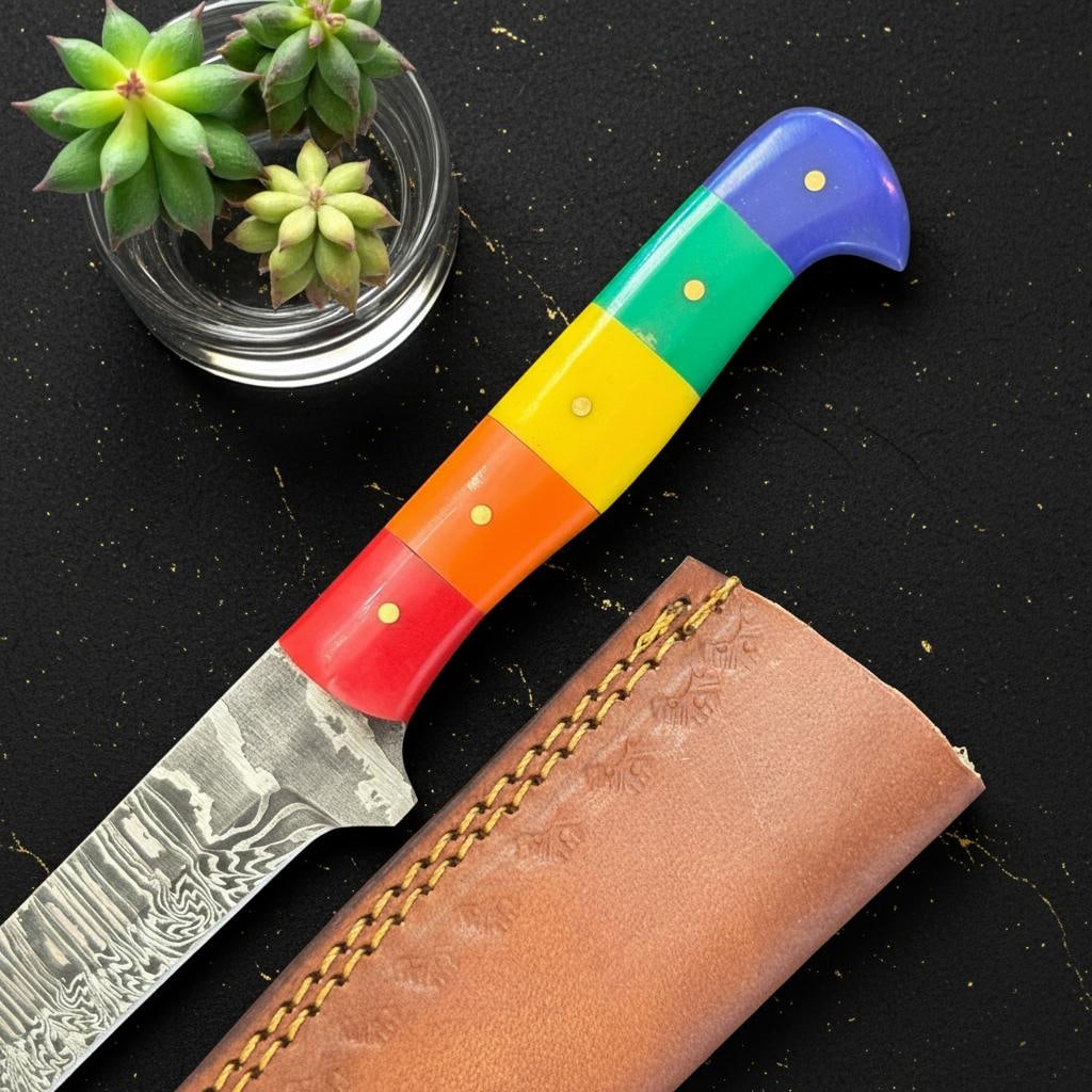 Handcrafted 12" Damascus Steel Fillet Knife with Full Tang Rainbow Handle - 3