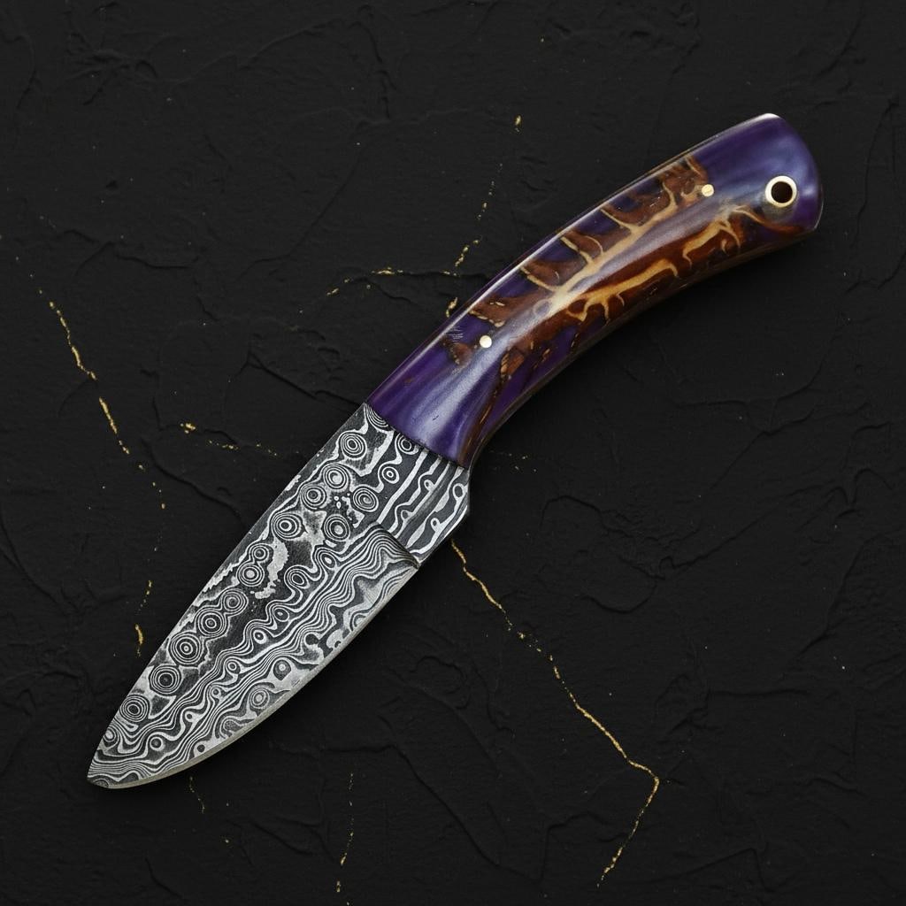 Rain Pattern Damascus Steel Skinner Knife, 8.5 inch Handmade Fixed Blade for Hunting - 4
