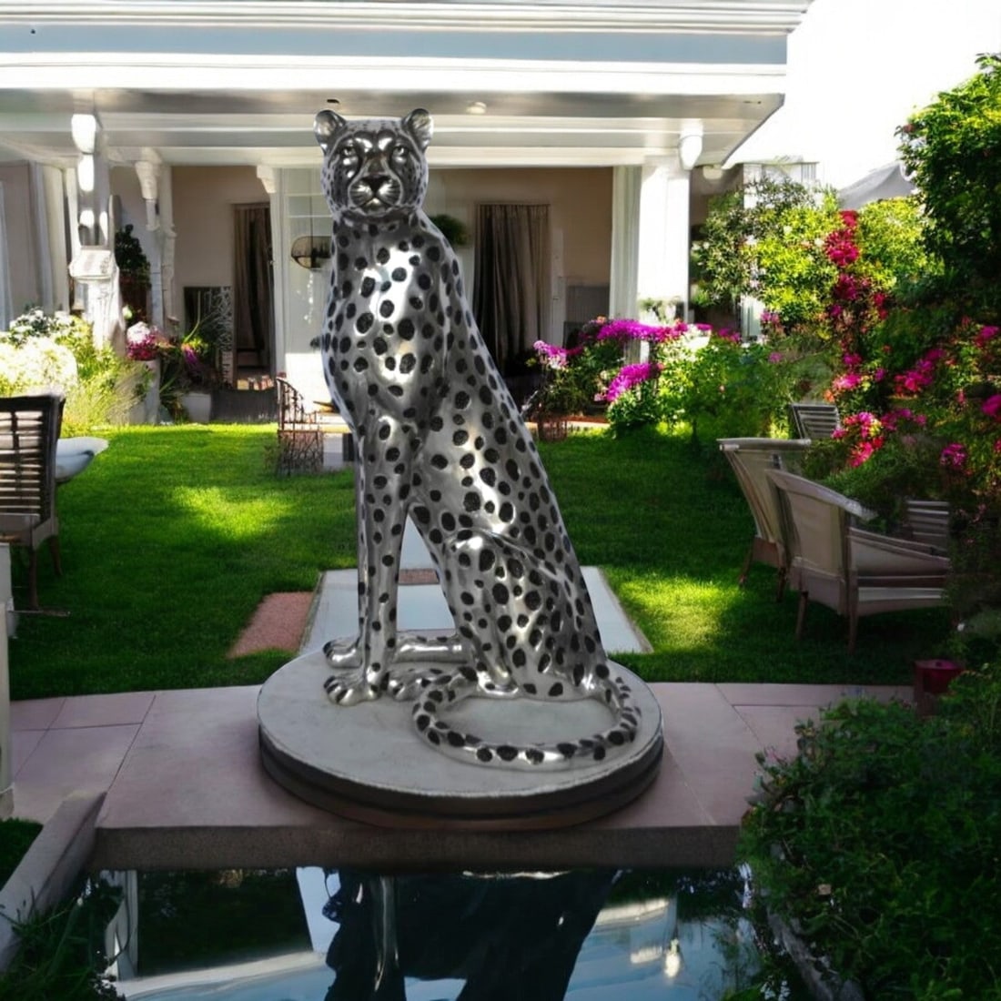 Sitting Cheetah Bronze Statue Silver Finish - Size: 21"L x 21"W x 34"H. - 3